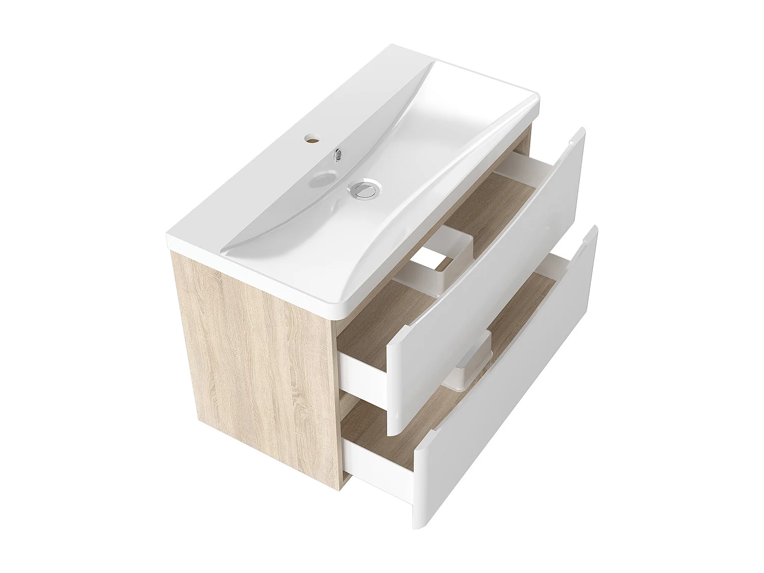 AICA Ensemble salle de bain suspendu Brillant 100 cm avec vasque + 2 tiroirs, Blanc et Chêne