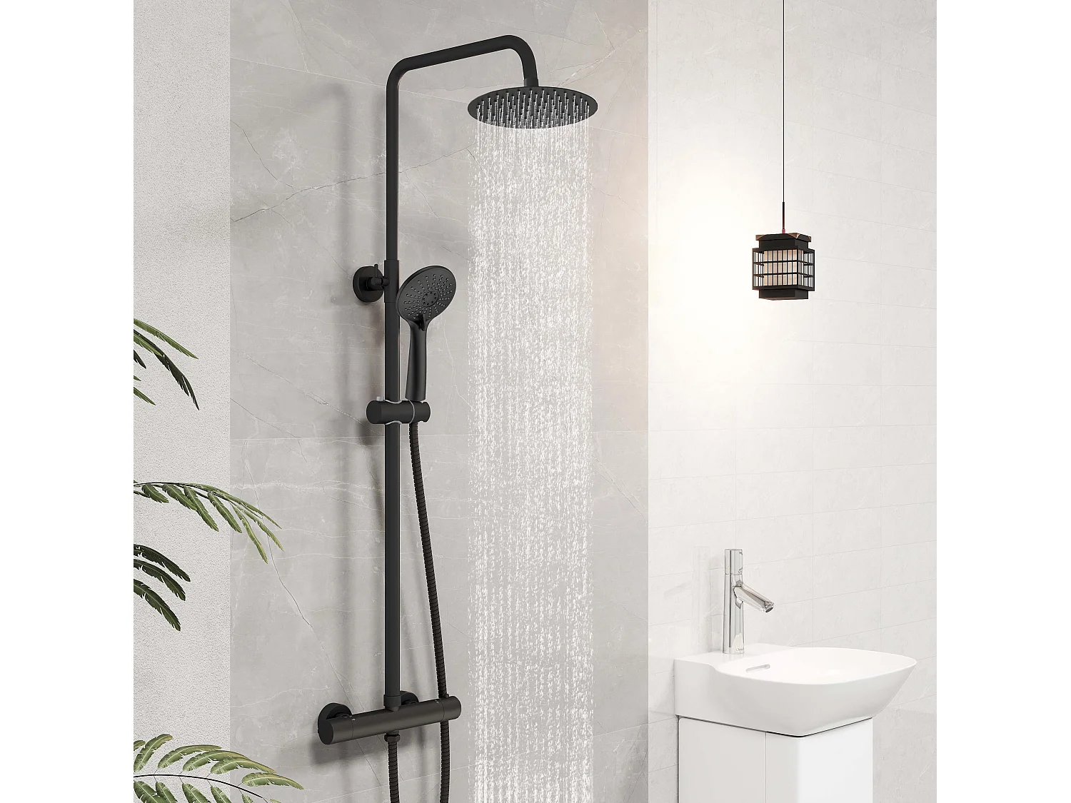 Colonne de Douche Thermostatique 38°C AICA Ensemble de Douche Noir Douchette 3 Jets Kit de Douche Hauteur Réglable Mitigeur en Laiton