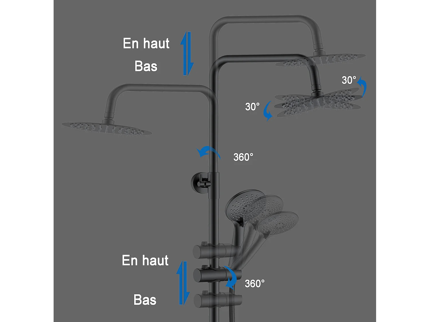 Colonne de Douche Thermostatique 38°C AICA Ensemble de Douche Noir Douchette 3 Jets Kit de Douche Hauteur Réglable Mitigeur en Laiton