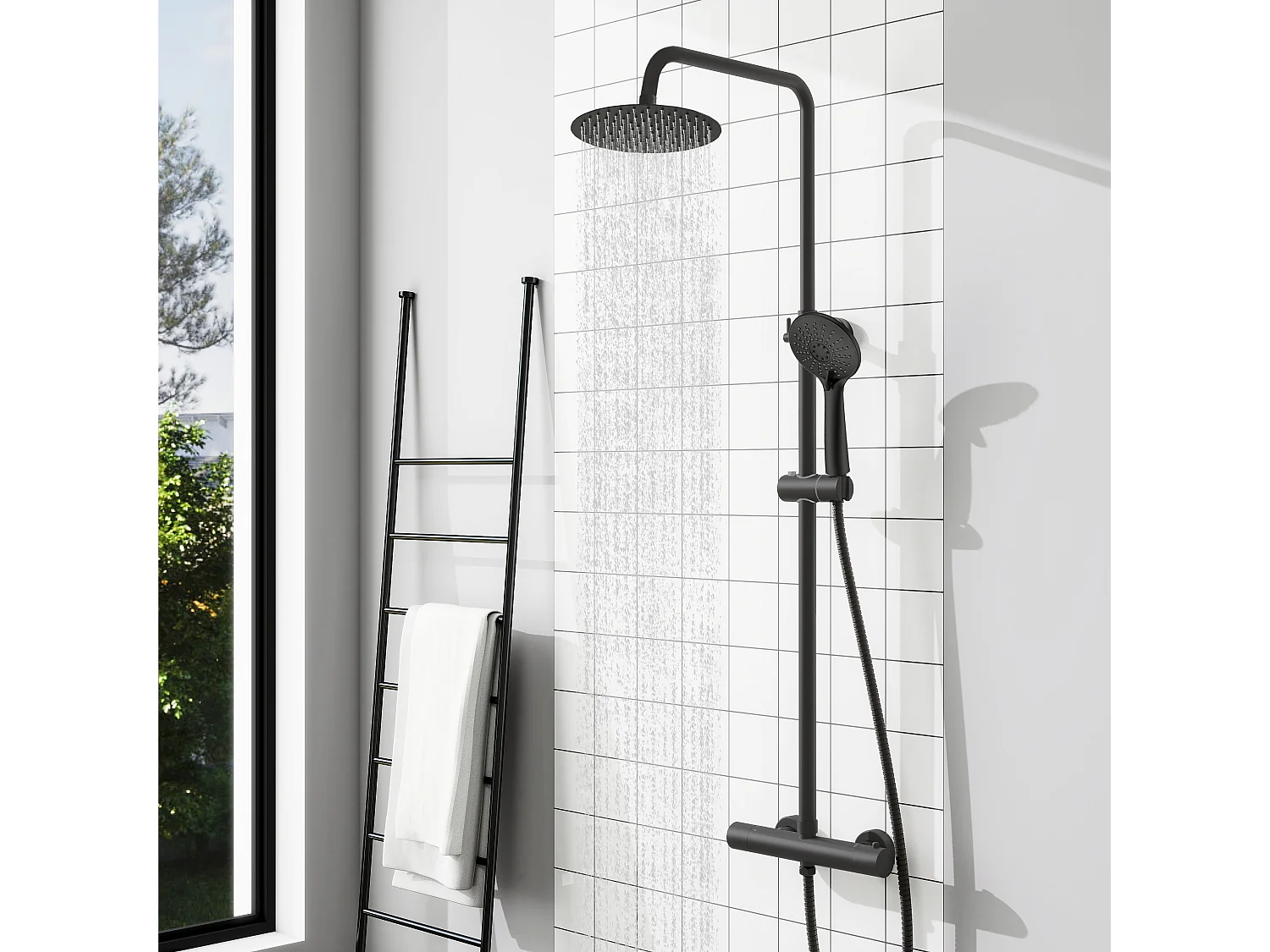 Colonne de Douche Thermostatique 38°C AICA Ensemble de Douche Noir Douchette 3 Jets Kit de Douche Hauteur Réglable Mitigeur en Laiton