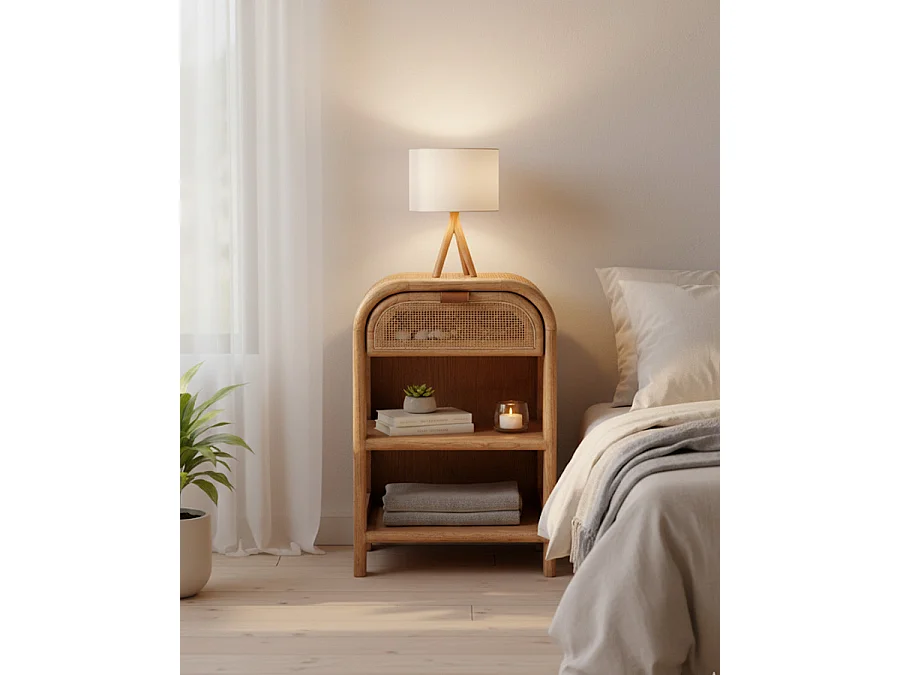 Tiraya  - Table de chevet en bois et rotin naturel