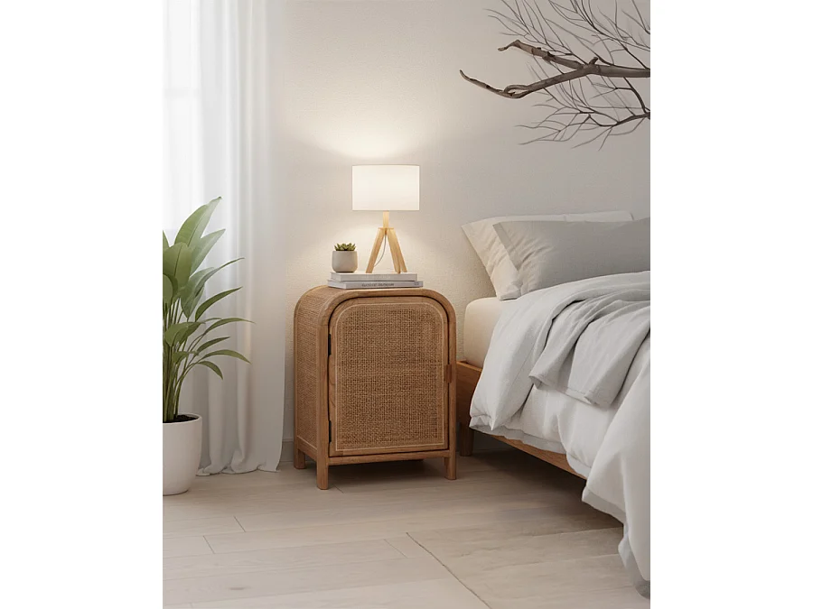 Tiraya - Table de nuit bois avec porte en rotin naturel