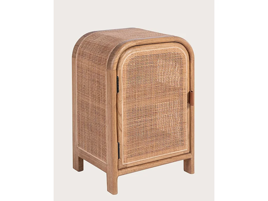 Tiraya - Table de nuit bois avec porte en rotin naturel