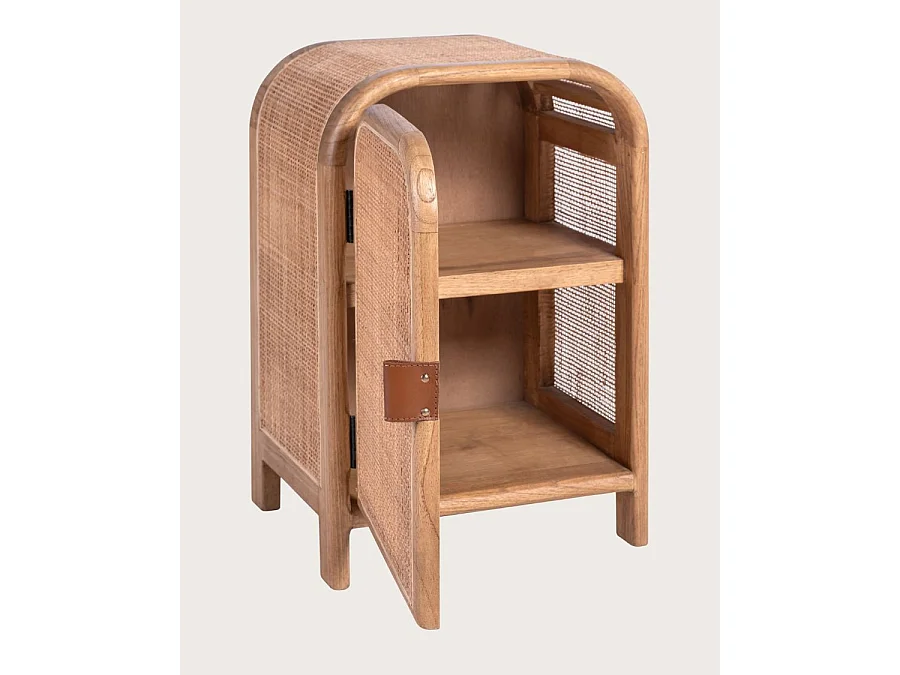 Tiraya - Table de nuit bois avec porte en rotin naturel