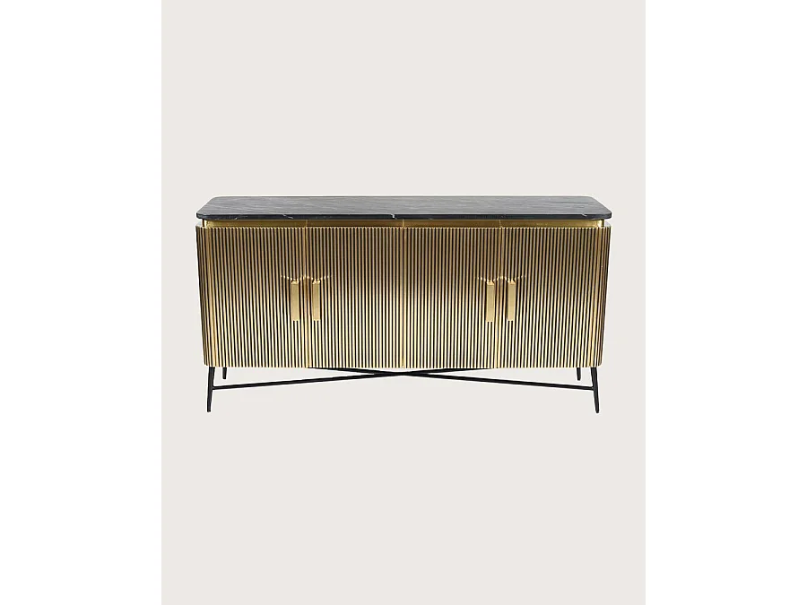 Glory - Grand buffet finition laiton vieilli avec plateau en marbre noir 160 cm