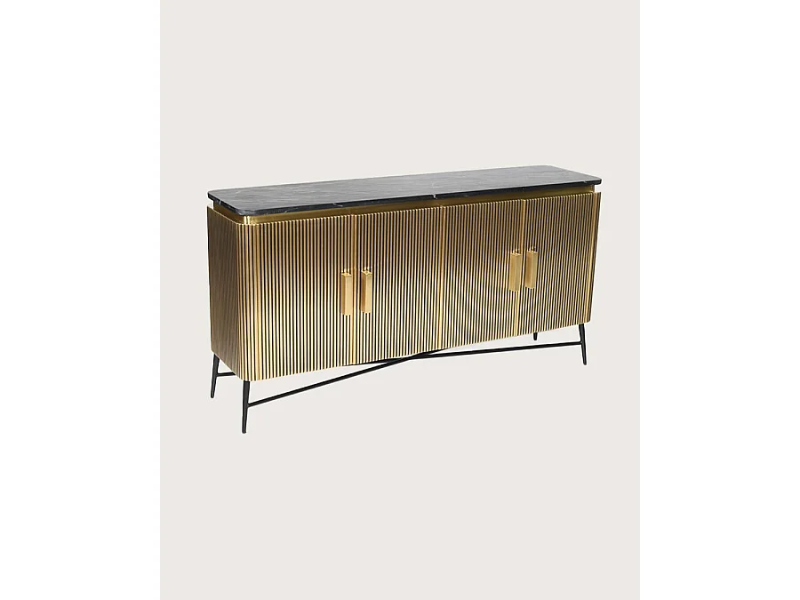 Glory - Grand buffet finition laiton vieilli avec plateau en marbre noir 160 cm