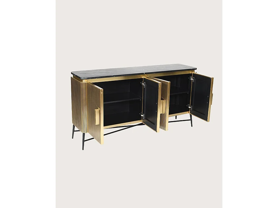 Glory - Grand buffet finition laiton vieilli avec plateau en marbre noir 160 cm