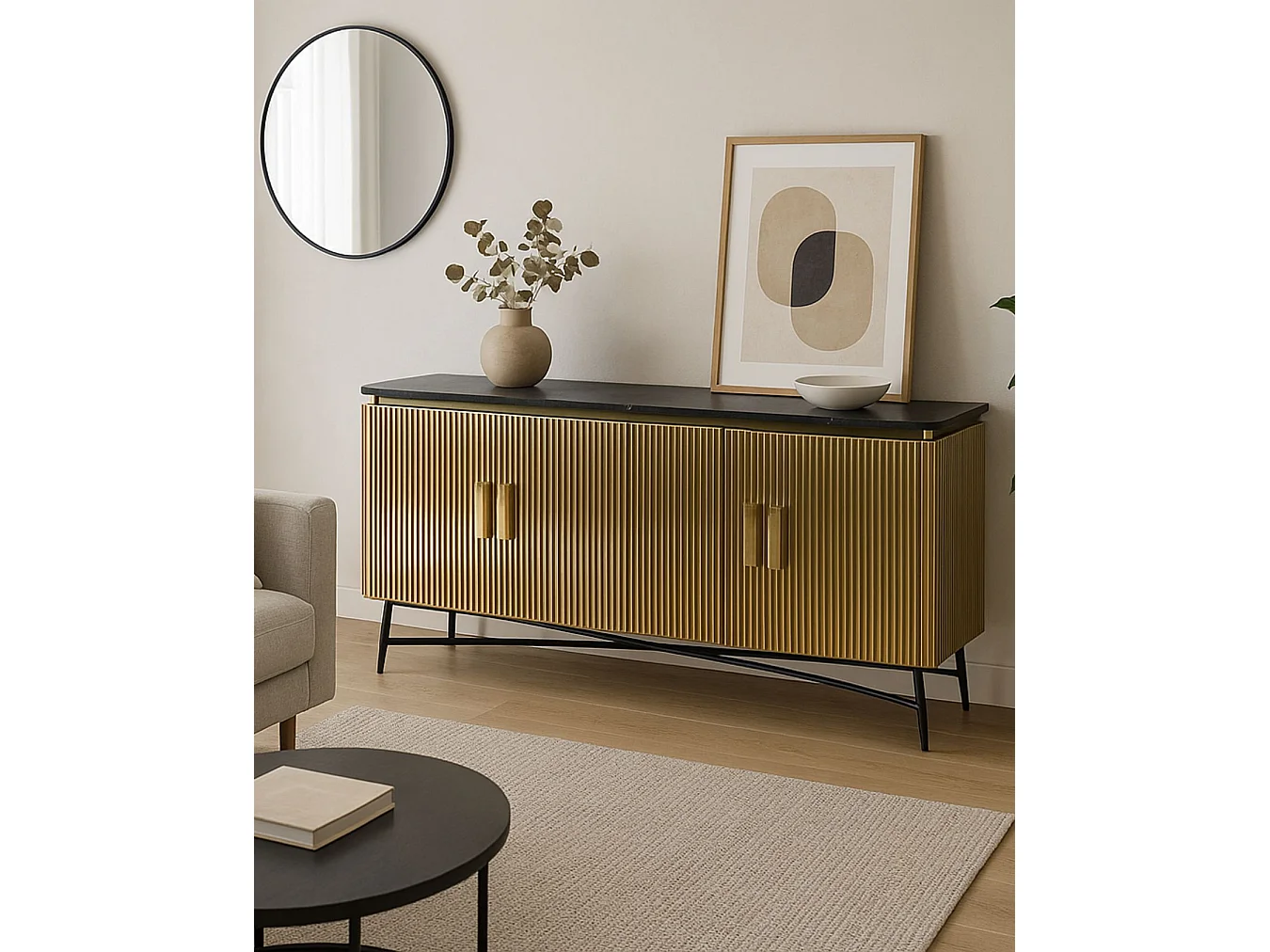Glory - Grand buffet finition laiton vieilli avec plateau en marbre noir 160 cm
