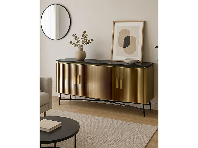 Glory - Grand buffet finition laiton vieilli avec plateau en marbre noir 160 cm