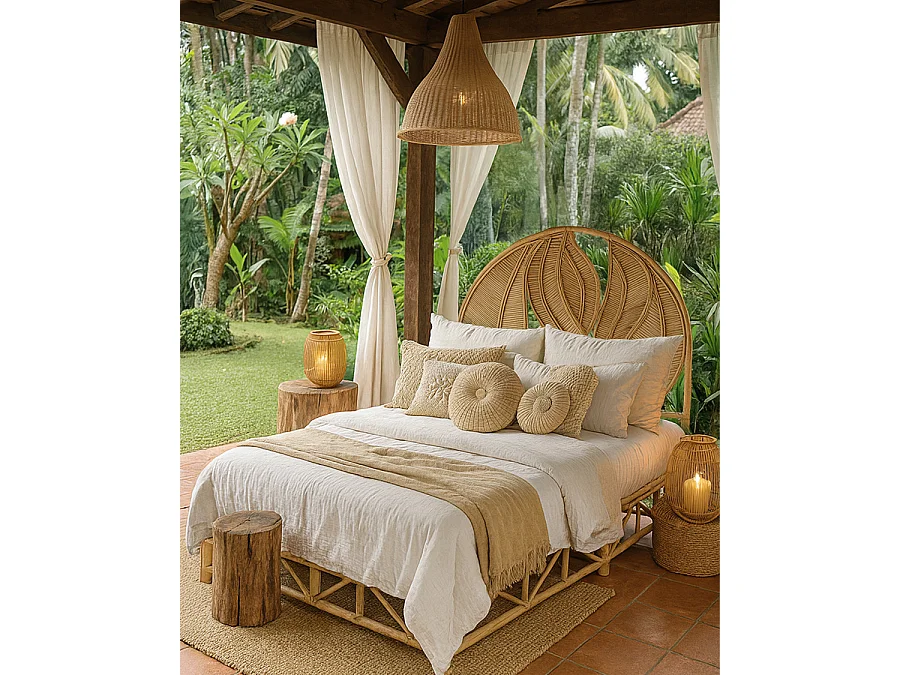 Rimba - Tête de lit en rotin "Feuilles" 160 cm