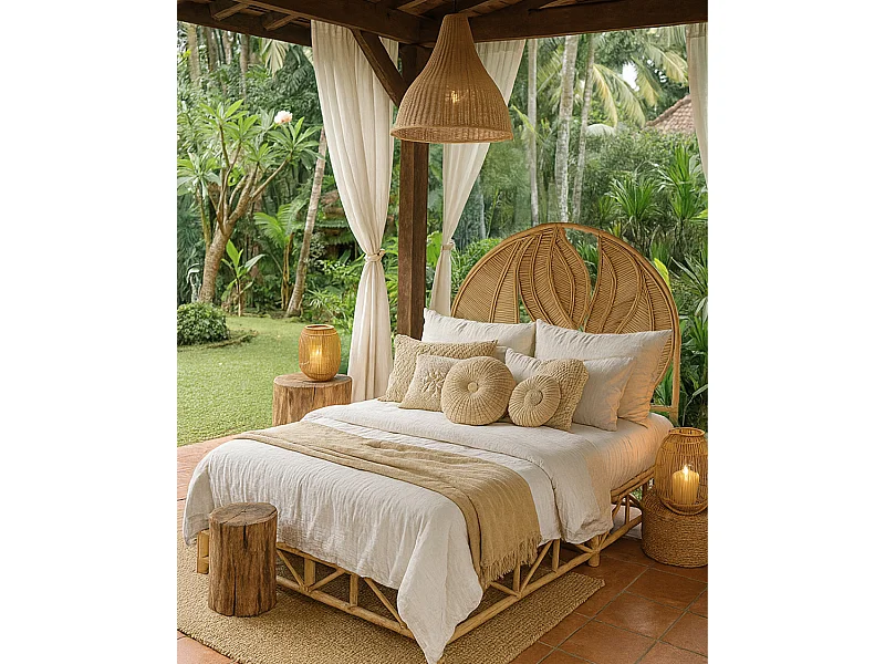 Rimba - Tête de lit en rotin "Feuilles" 160 cm