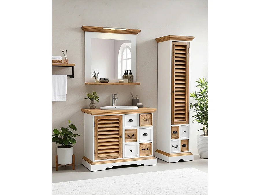 Inda - Colonne de salle de bain en bois massif blanche et naturelle