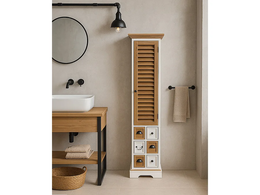 Inda - Colonne de salle de bain en bois massif blanche et naturelle