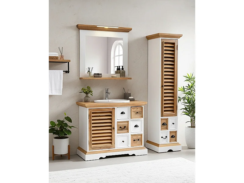 Inda - Colonne de salle de bain en bois massif blanche et naturelle