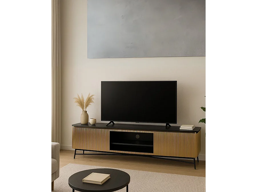 Glory - Meuble tv finition laiton vieilli avec plateau en marbre noir 170 cm