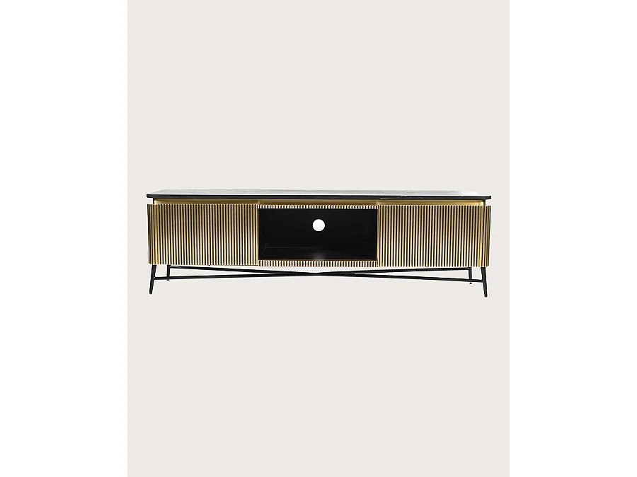 Glory - Meuble tv finition laiton vieilli avec plateau en marbre noir 170 cm