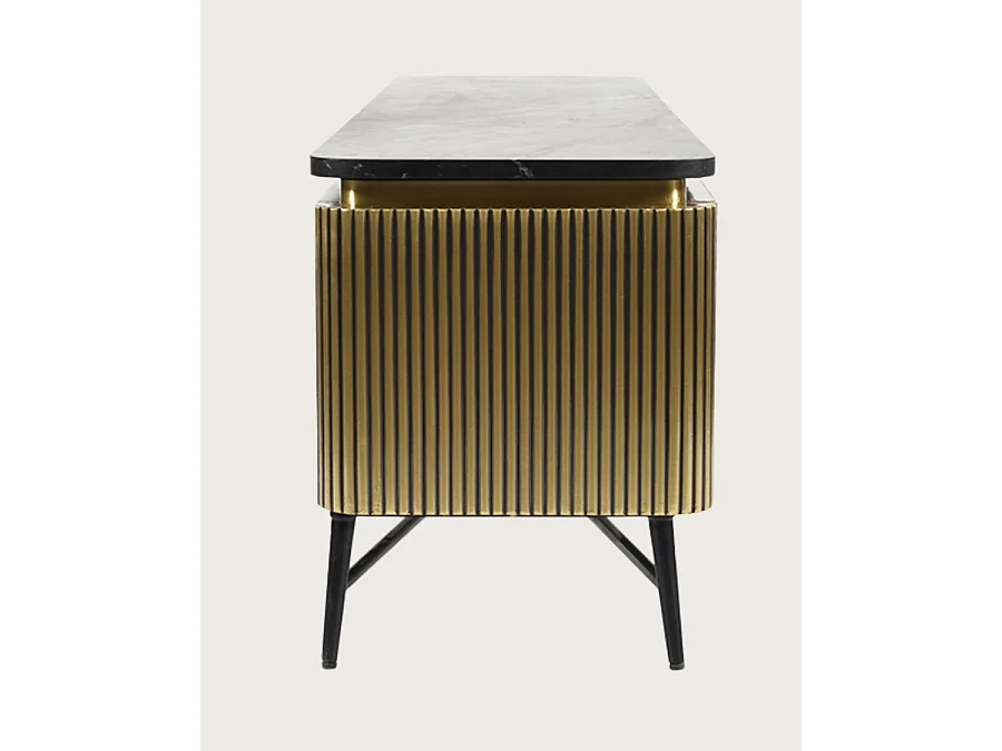 Glory - Meuble tv finition laiton vieilli avec plateau en marbre noir 170 cm