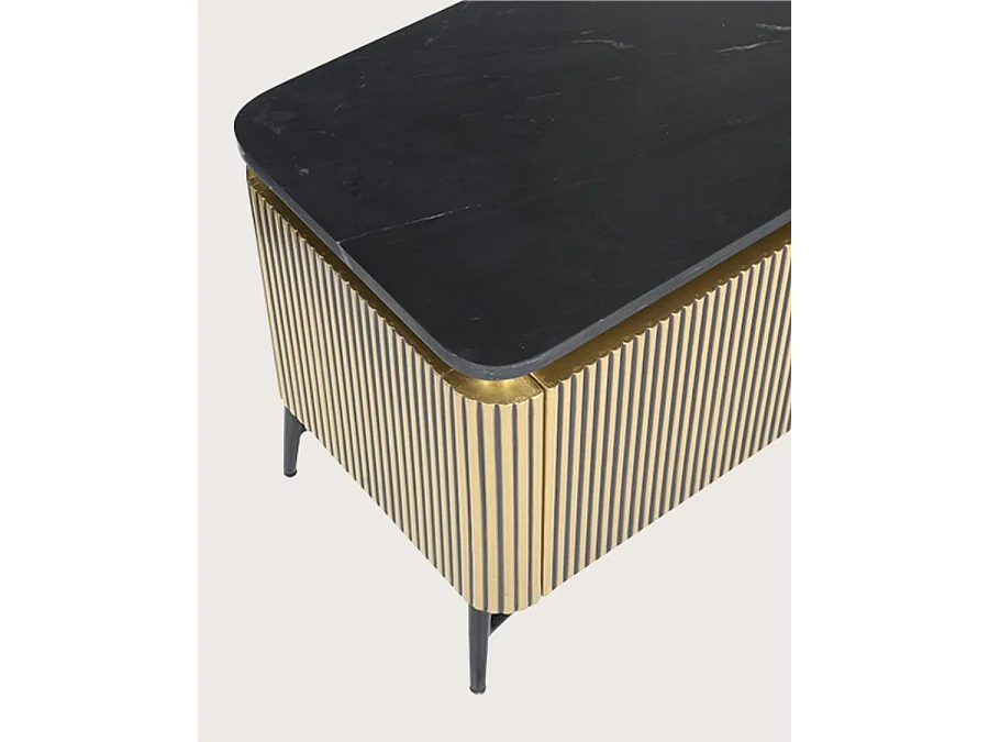 Glory - Meuble tv finition laiton vieilli avec plateau en marbre noir 170 cm