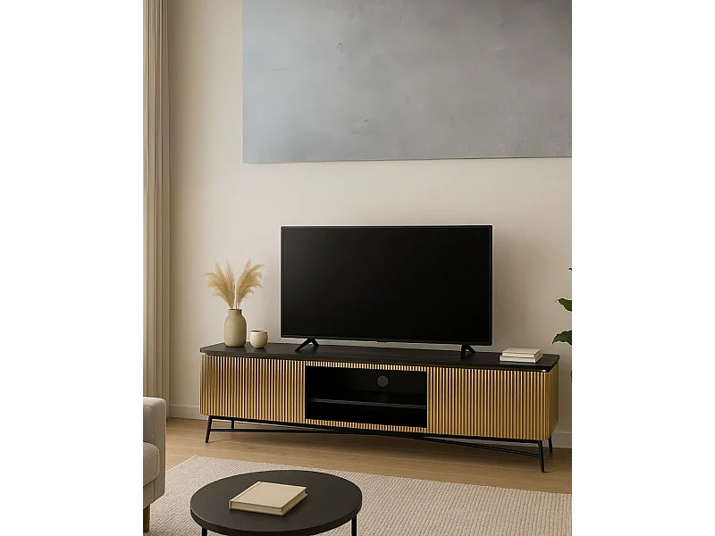 Glory - Meuble tv finition laiton vieilli avec plateau en marbre noir 170 cm