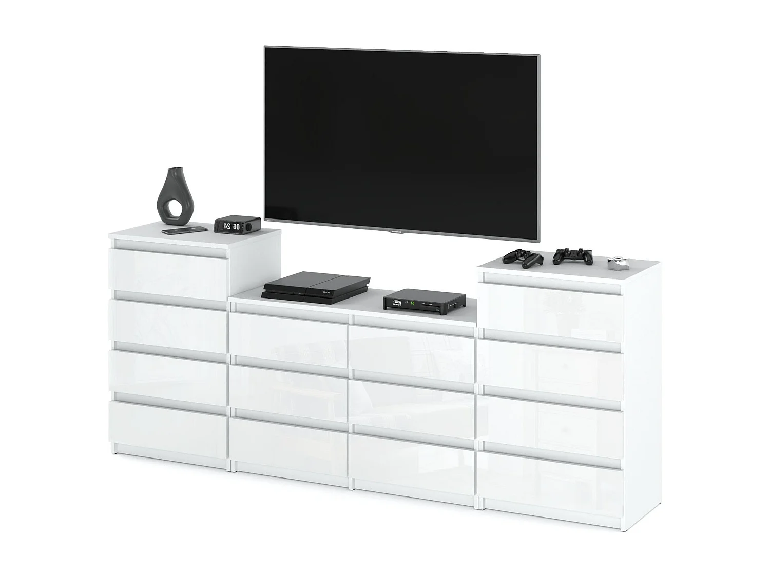 Grande commode avec 14 tiroirs  Blanc Brillant 220 cm – meuble TV, buffet, armoire pour salon