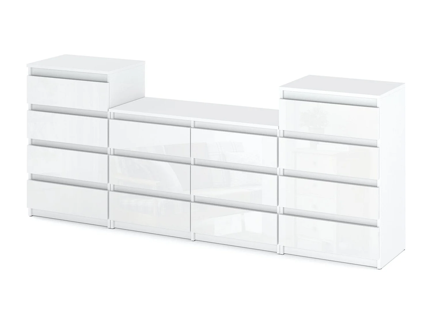 Grande commode avec 14 tiroirs  Blanc Brillant 220 cm – meuble TV, buffet, armoire pour salon