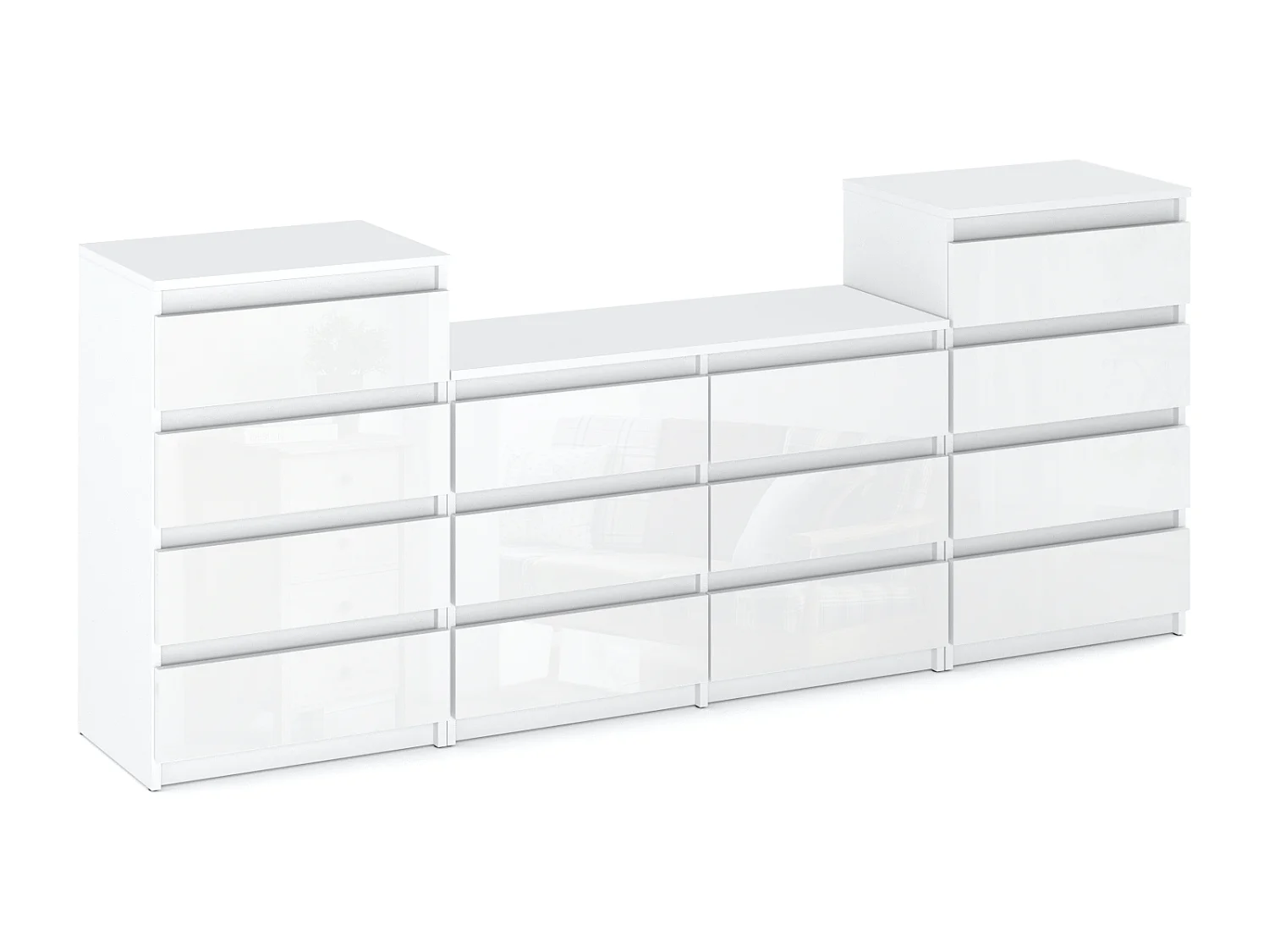 Grande commode avec 14 tiroirs  Blanc Brillant 220 cm – meuble TV, buffet, armoire pour salon