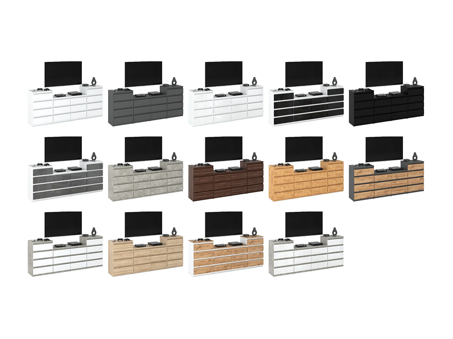 Grande commode avec 14 tiroirs  Blanc Brillant 220 cm – meuble TV, buffet, armoire pour salon