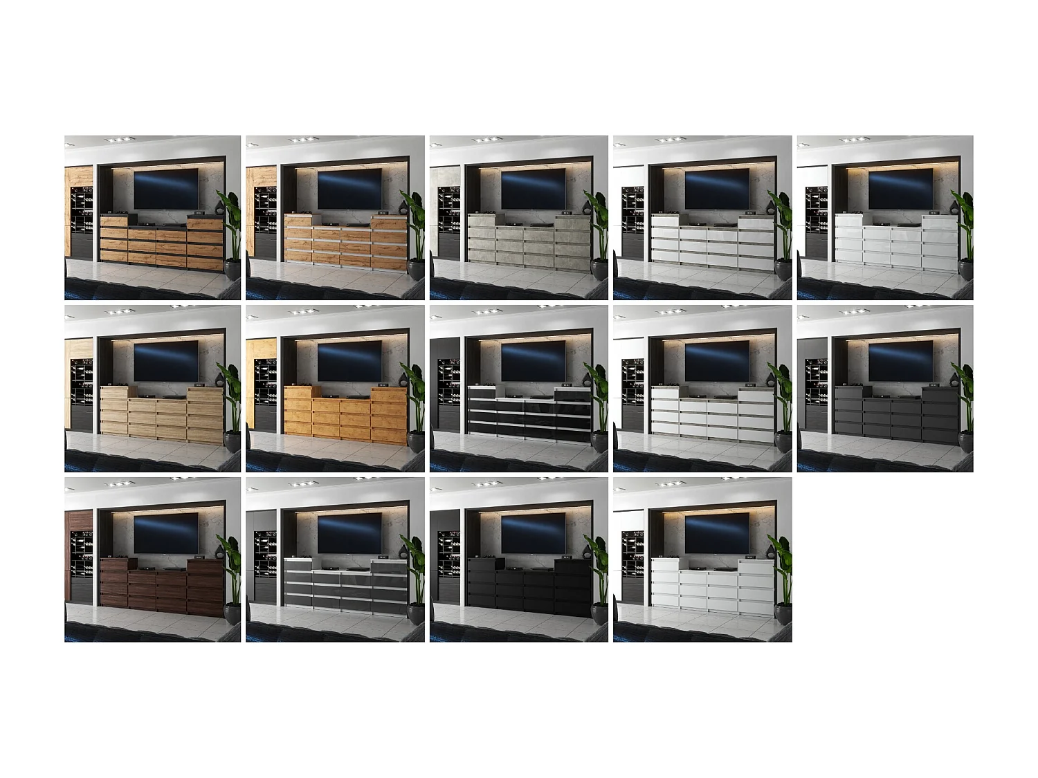 Grande commode avec 14 tiroirs  Blanc Brillant 220 cm – meuble TV, buffet, armoire pour salon