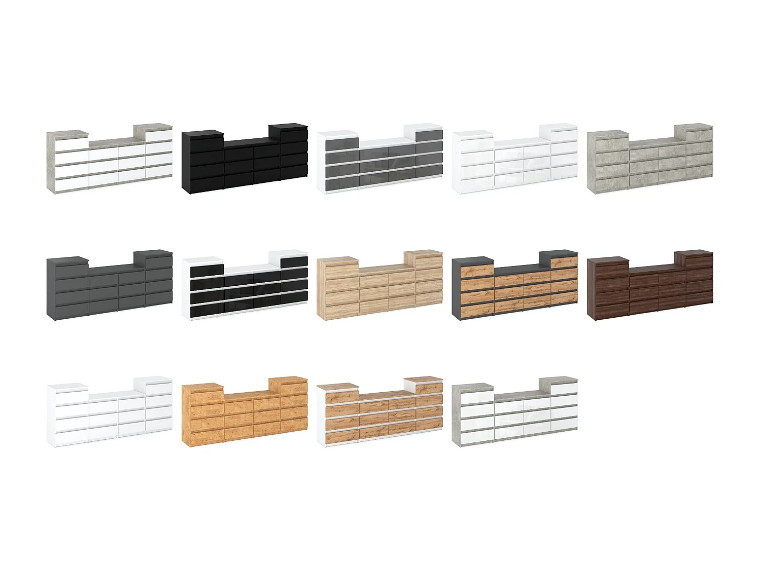 Grande commode avec 14 tiroirs  Blanc Brillant 220 cm – meuble TV, buffet, armoire pour salon