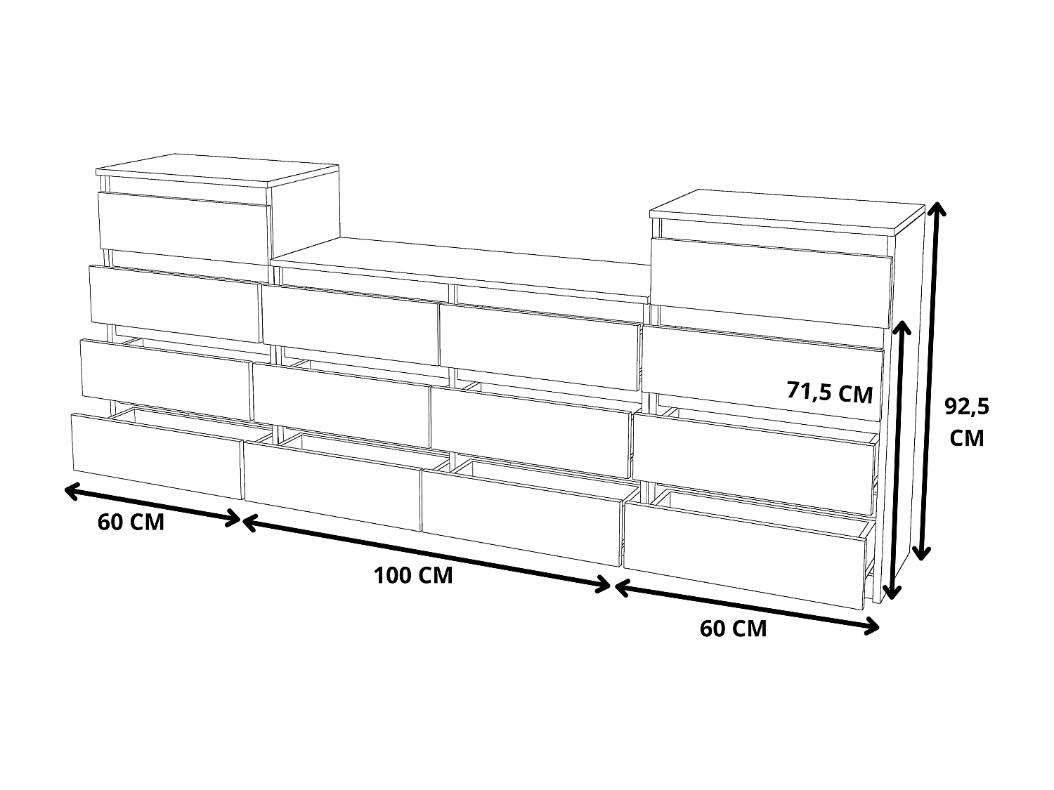 Grande commode avec 14 tiroirs  Blanc Brillant 220 cm – meuble TV, buffet, armoire pour salon
