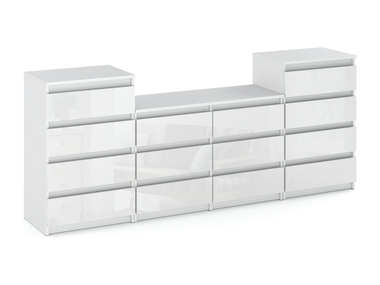 Grande commode avec 14 tiroirs  Blanc Brillant 220 cm – meuble TV, buffet, armoire pour salon