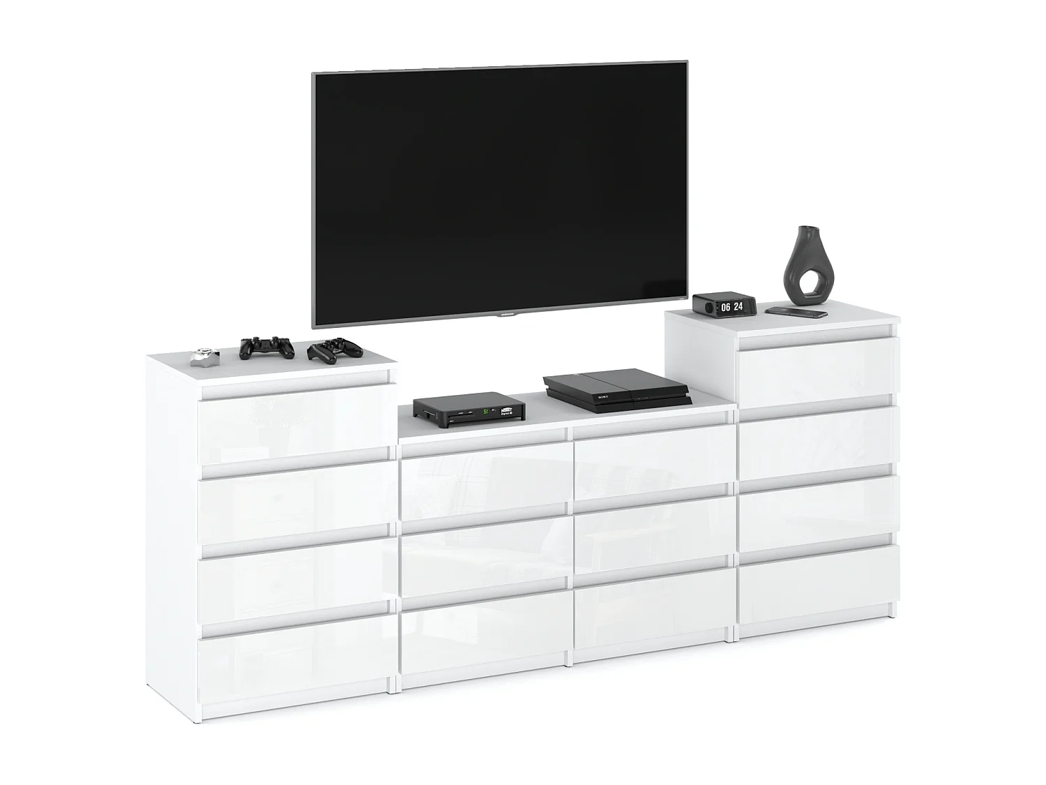 Grande commode avec 14 tiroirs  Blanc Brillant 220 cm – meuble TV, buffet, armoire pour salon