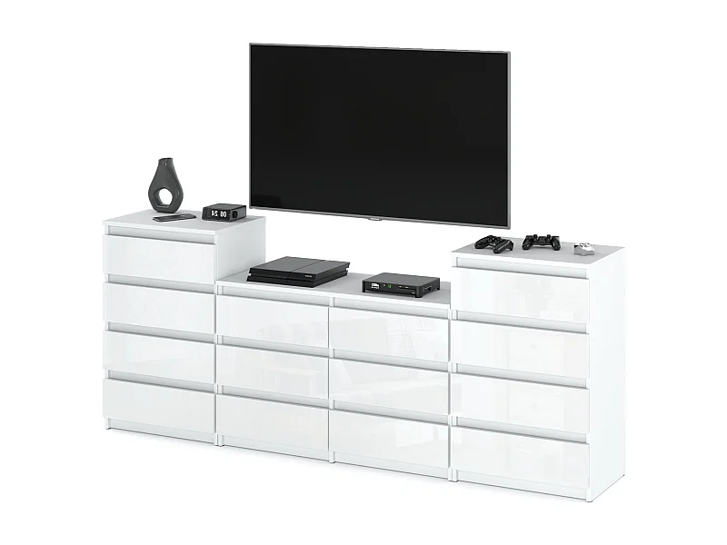Grande commode avec 14 tiroirs  Blanc Brillant 220 cm – meuble TV, buffet, armoire pour salon