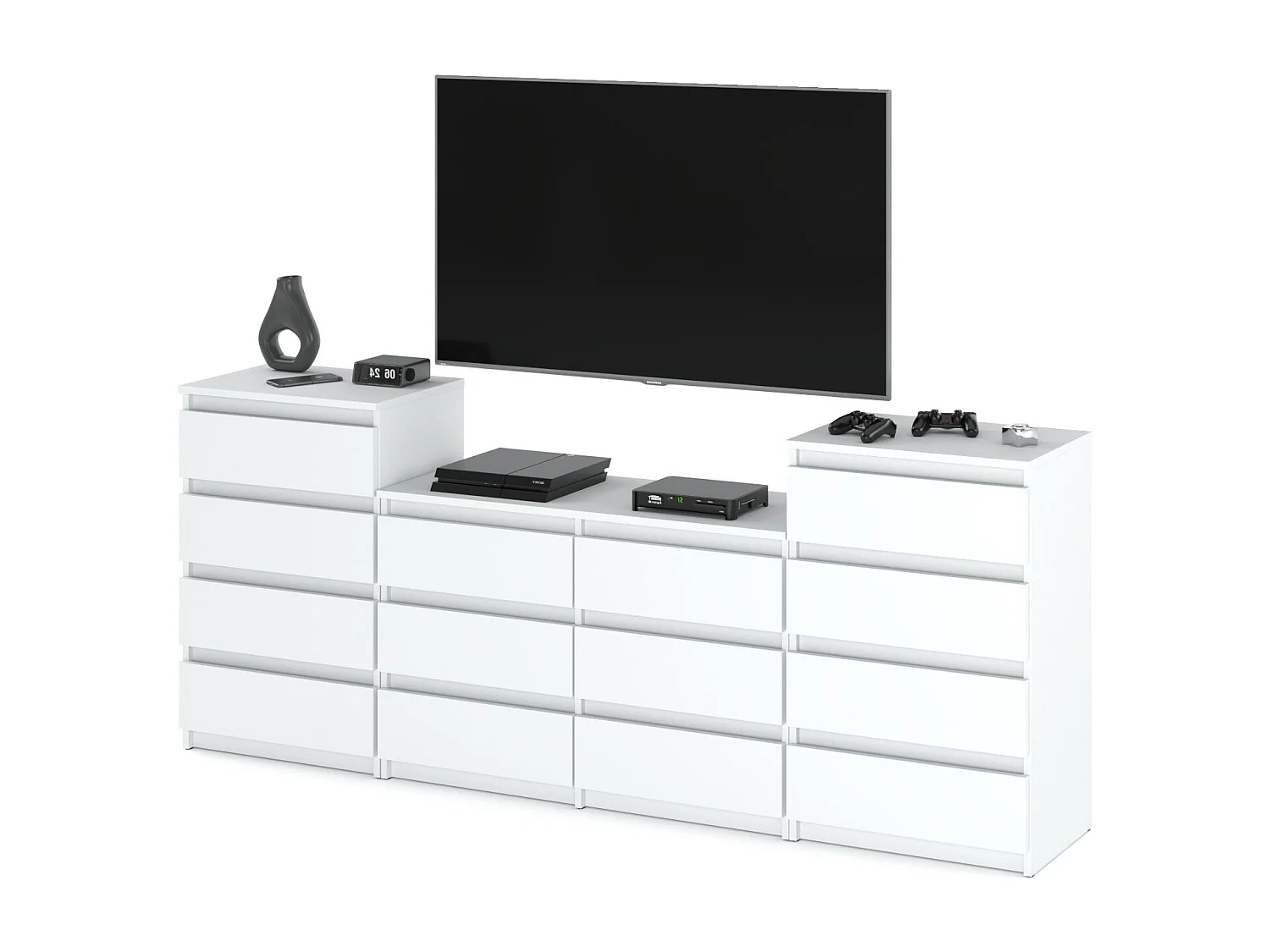 Grande commode avec 14 tiroirs  Blanc Mat 220 cm – meuble TV, buffet, armoire pour salon