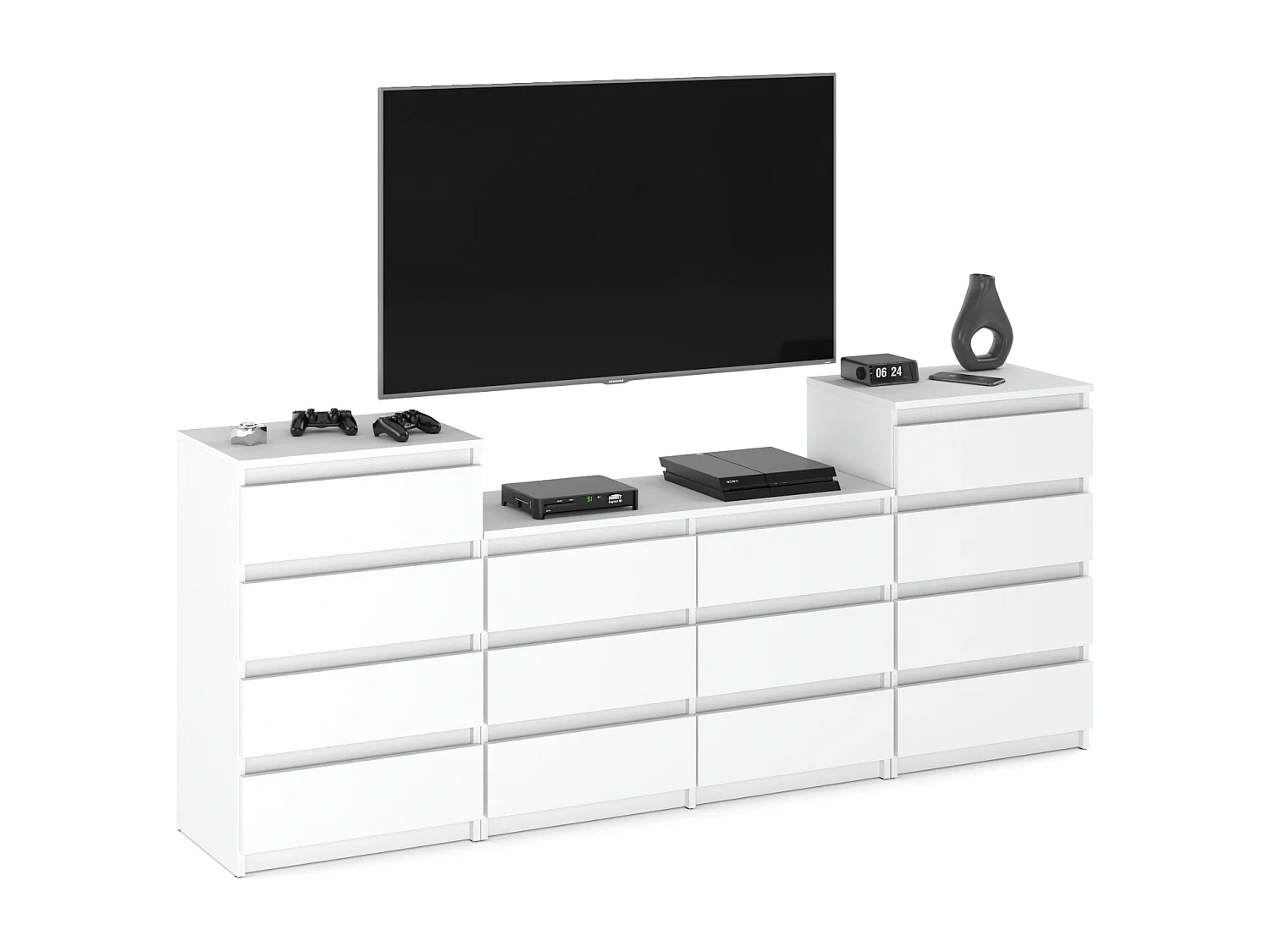 Grande commode avec 14 tiroirs  Blanc Mat 220 cm – meuble TV, buffet, armoire pour salon