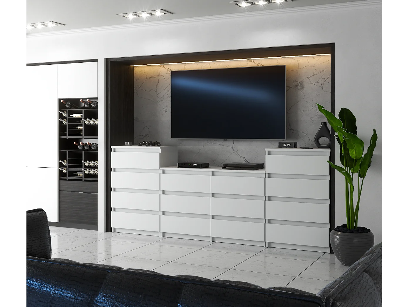 Grande commode avec 14 tiroirs  Blanc Mat 220 cm – meuble TV, buffet, armoire pour salon