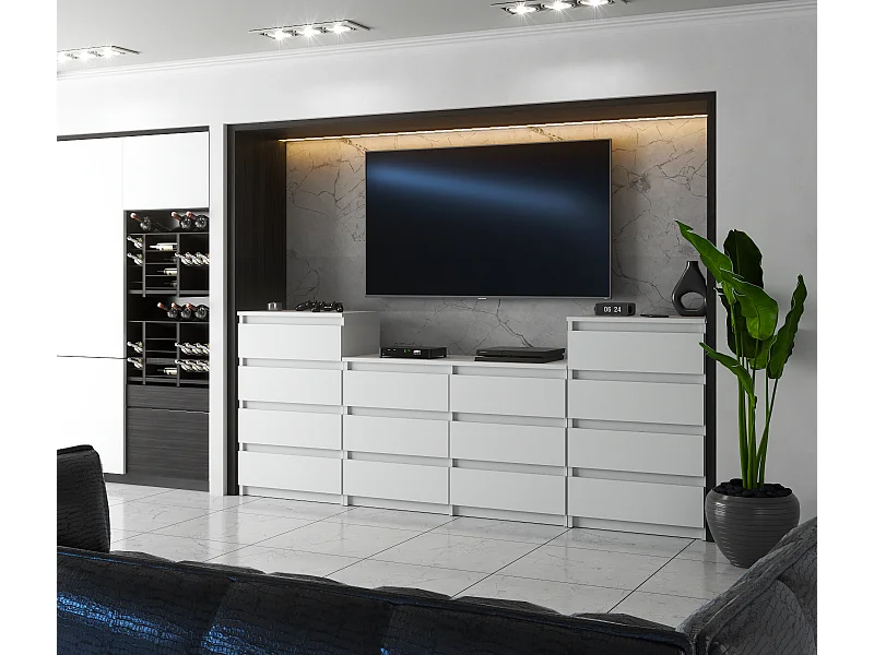 Grande commode avec 14 tiroirs  Blanc Mat 220 cm – meuble TV, buffet, armoire pour salon