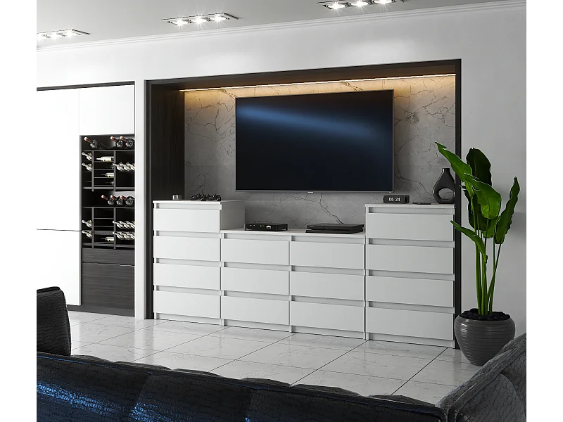 Grande commode avec 14 tiroirs  Blanc Mat 220 cm – meuble TV, buffet, armoire pour salon