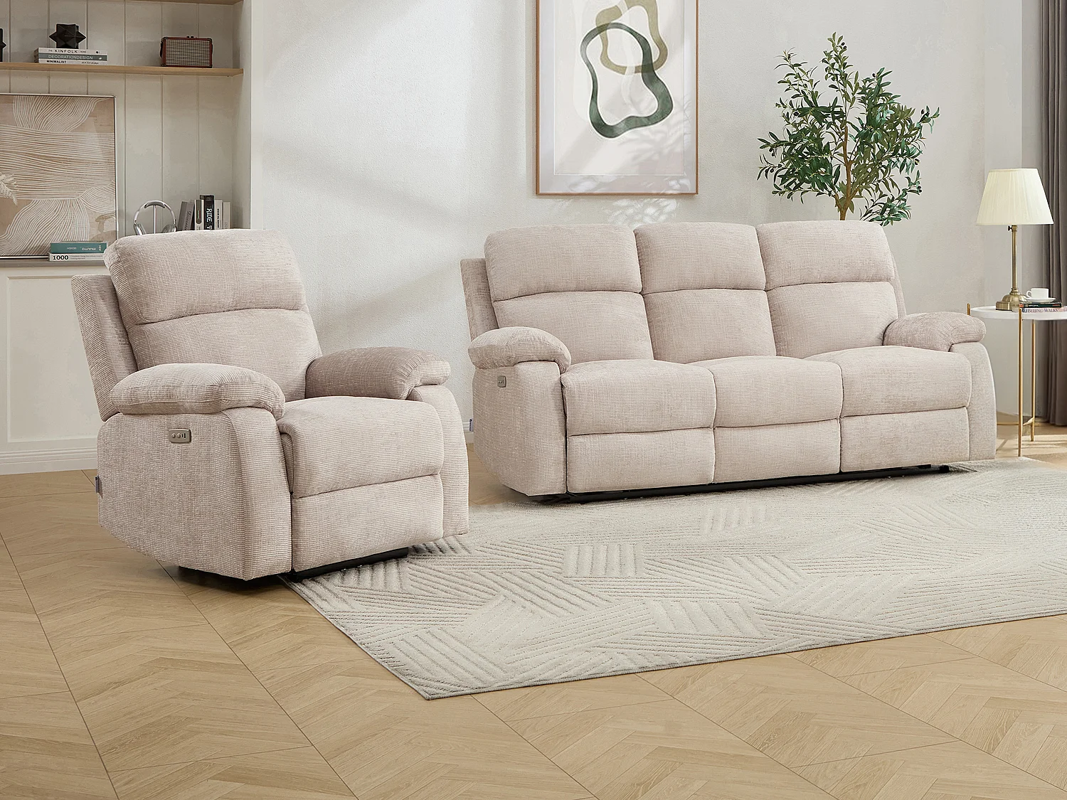 Canapé 3 places et fauteuil relax électrique massant en tissu chenille beige KOCENI