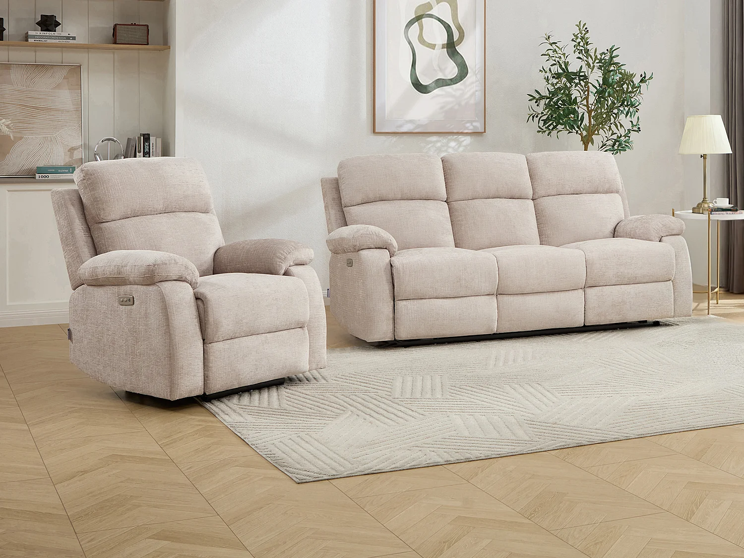 3-Sitzer-Sofa & Relaxsessel elektrisch mit Massagefunktion – Chenille-Stoff – Beige – KOCENI
