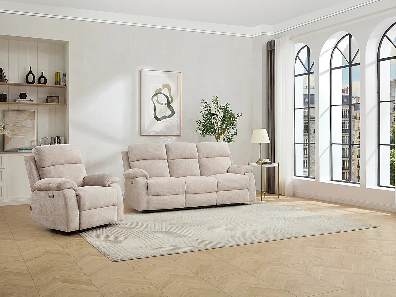 Canapé 3 places et fauteuil relax électrique massant en tissu chenille beige KOCENI