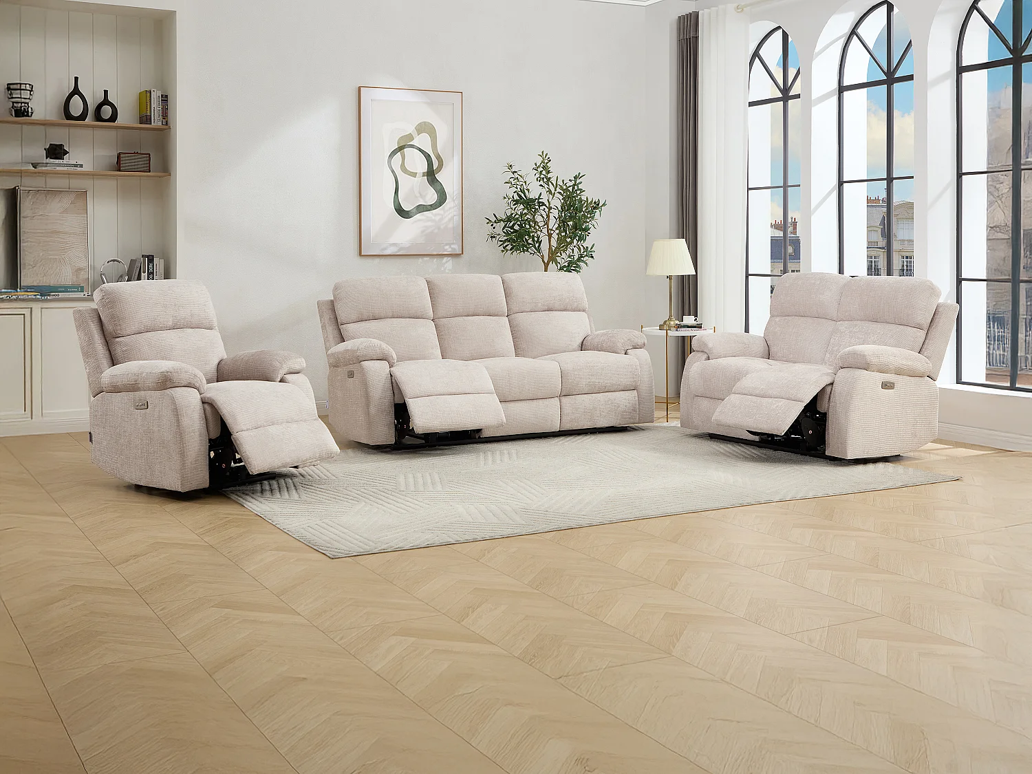 Canapé 3 places 2 places et un fauteuil relax électrique massant en tissu chenille beige KOCENI