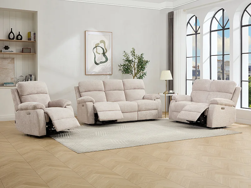 Canapé 3 places 2 places et un fauteuil relax électrique massant en tissu chenille beige KOCENI