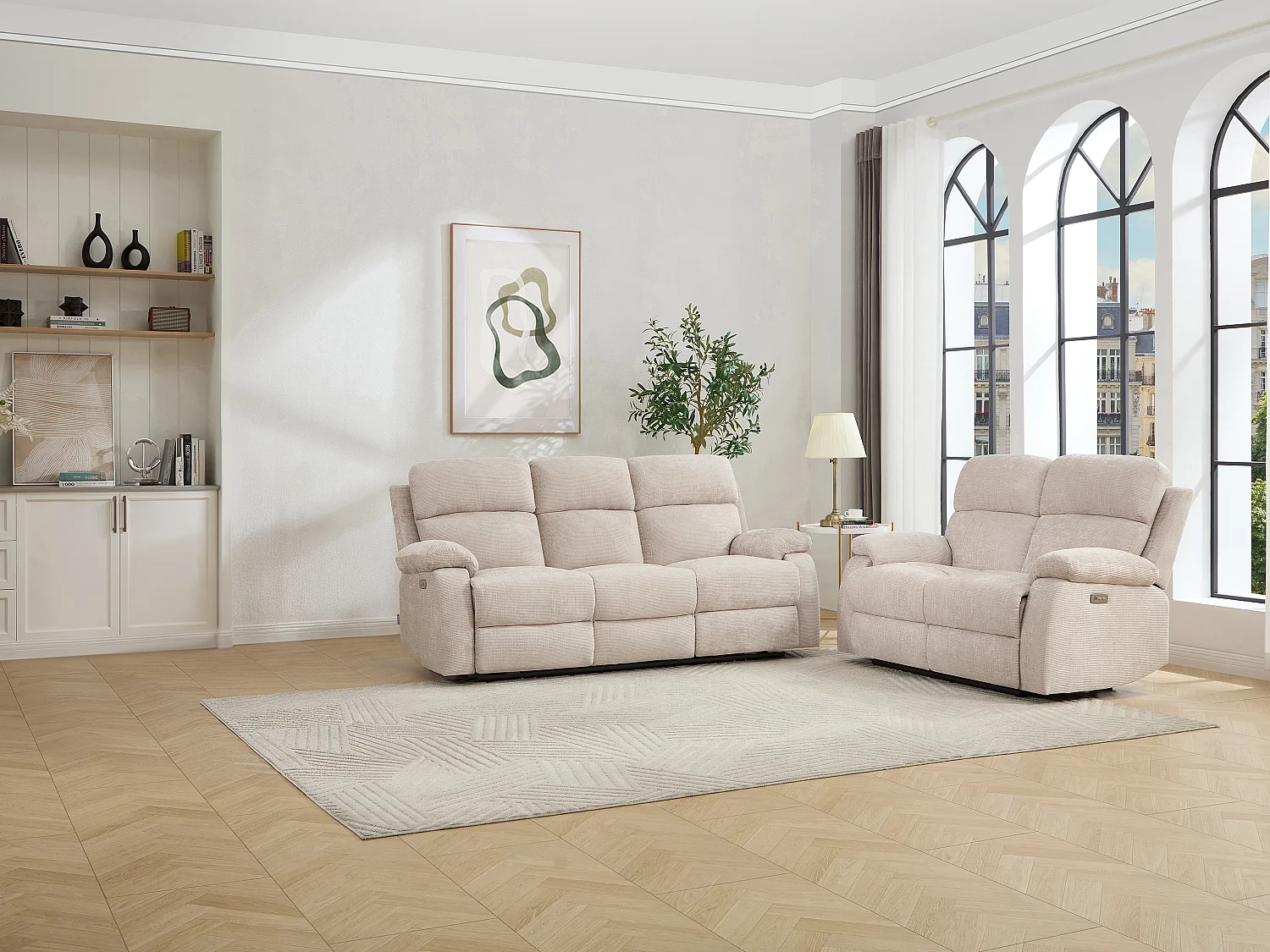 Canapé 3 places et 2 places relax électrique massant en tissu chenille beige KOCENI