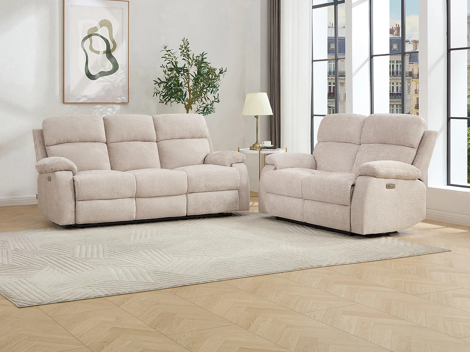 3-Sitzer-Sofa & 2-Sitzer-Sofa elektrisch mit Massagefunktion – Chenille-Stoff – Beige – KOCENI