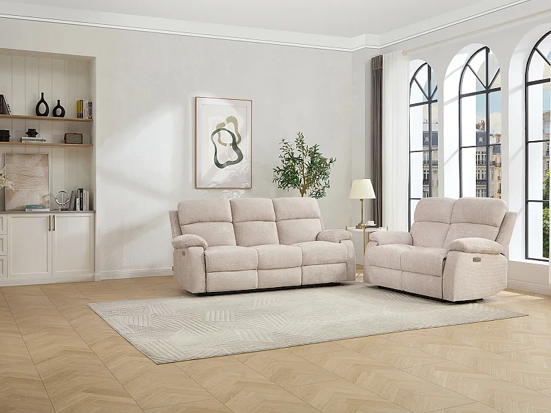 Canapé 3 places et 2 places relax électrique massant en tissu chenille beige KOCENI