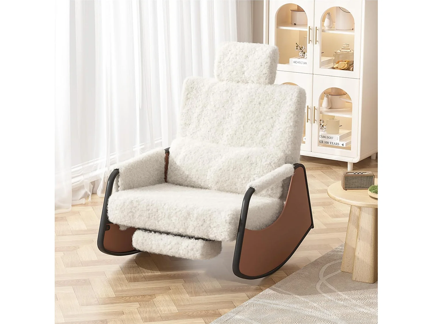 YODOLLA Fauteuil à Bascule, avec Repos-pieds Extensible, Dossier et Appui-tête Réglables, Poche Latérale pour Salon (Blanc)