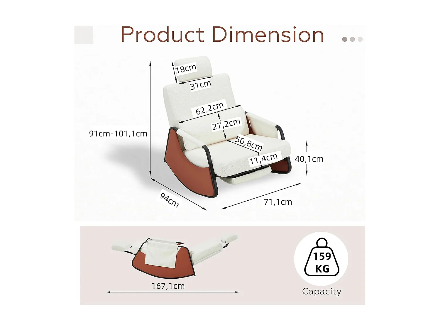 YODOLLA Fauteuil à Bascule, avec Repos-pieds Extensible, Dossier et Appui-tête Réglables, Poche Latérale pour Salon (Blanc)