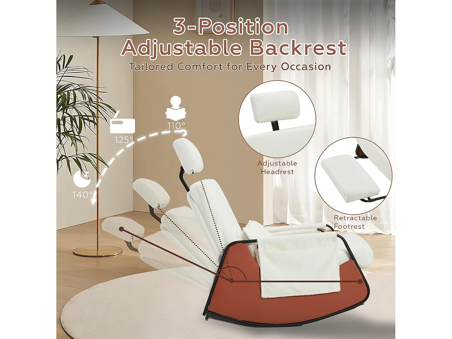 YODOLLA Fauteuil à Bascule, avec Repos-pieds Extensible, Dossier et Appui-tête Réglables, Poche Latérale pour Salon (Blanc)