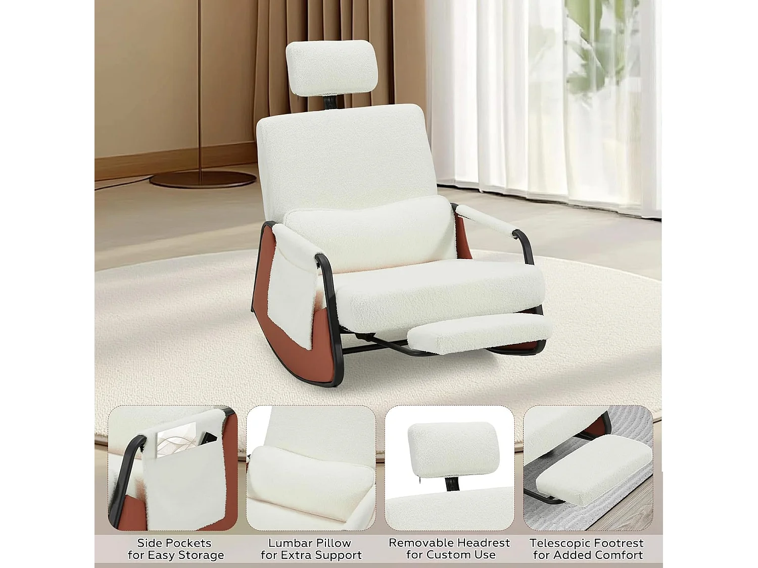 YODOLLA Fauteuil à Bascule, avec Repos-pieds Extensible, Dossier et Appui-tête Réglables, Poche Latérale pour Salon (Blanc)